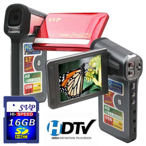 SVP T608 2.7-inch 1280X720p HD Widescreen Red Digital Video Camcorder SVP 16GB SDHC Memory Card Included