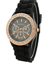 Pixnor® Geneva Silicone Band Rhinestone Embellishment Analog Quartz Casual Women Watch (Black)