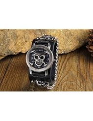 Youyoupifa Unisex Skull Shadow Clock Quartz Black Leather Strap Wrist Watch
