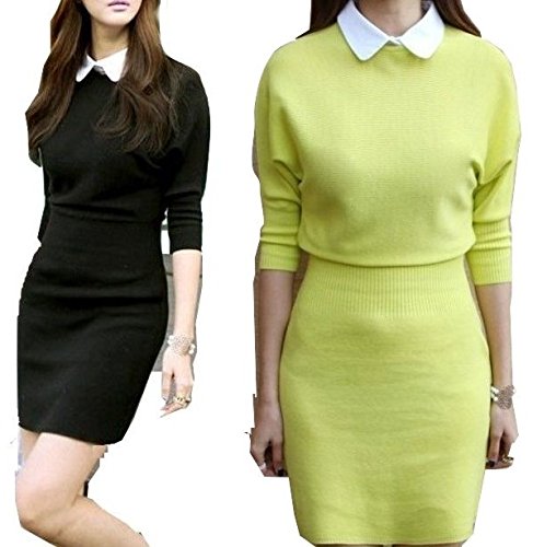 (リリレナ)LiLiRena襟付き　シンプル　無地　リブ　スリムフィット　長袖　　ニットワンピース　 100212-j1