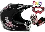 Youth Black Pink Butterfly Dirt Bike Atv Motocross Helmet with Goggles Gloves (Small)