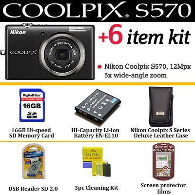 Nikon Coolpix S570 12MP Digital Camera (Black) With 16GB Essential Coolpix Accessory Package Includes 16GB Memory + Extra EN-EL10 Battery + Original Nikon Case + More