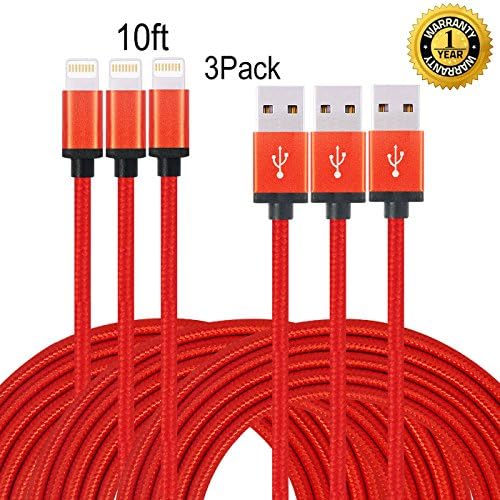 IFaxnn 3PCS 10FT Lightning Cable Premium Popular Nylon Braided Extra Long USB Cord Charging Cable for iphone 6s, 6s plus, 6plus,6,se,5s 5c 5,iPad Mini, Air,iPad5,iPod (Red).