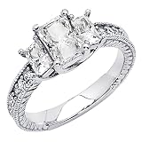 14K White Gold Emerald-cut Three Stone CZ Cubic Zirconia Ladies Wedding Engagement Ring Band