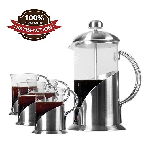 French Press Coffee, Tea & Espresso Maker By Pura Vida - Durable 304 Stainless Steel Construction - 32Ounce /4 Cup Serving Capacity - 4 Mesh Screens- 100% Ground & Tea Free, Rich Flavor - Gift Box