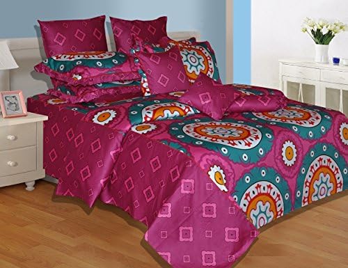 Salona Bichona Cotton Satin Reactive Print Double Bedsheet with 2 Pillow Cove...
