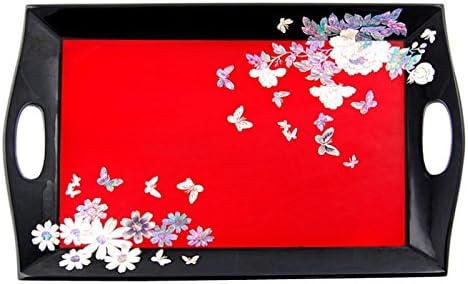 Mother of Pearl Inlay Flower Handmade Rectangular Solid Wooden Tea Coffee Snack Wine Breakfast Dessert Bed Serving Platter Home Decor Decorative Tray with Handle