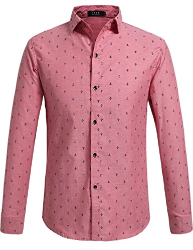 Sslr Mens Anchor Pattern Casual Long Sleeve Shirts Large Red