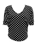 Ladies Black White V-Neck Polka Dot Short Sleeve Top