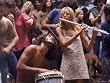Shirtless Male Drummer and Dress Wearing Female Flutist Jamming During Woodstock Music Festival Photographic Poster Print by Bill Eppridge, 24x18