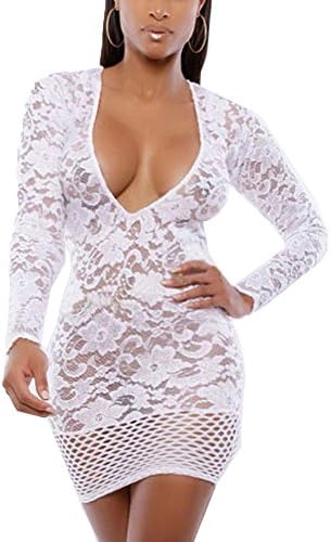 Clothesforu Women's Fashion Sexy V-Neck Fitted Lace Slim Hip Dress White Large