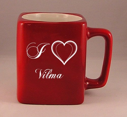 Coffee mug with laser engraved text: I Love Vilma