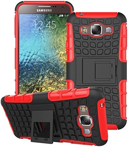 Mama Mouth Shockproof Heavy Duty Combo Hybrid Rugged Dual Layer Grip Cover case with Kickstand For Samsung Galaxy E5 E500 (With 4 in 1 Free Gift Packaged:Black Stylus Touch Pen,Black Silicone Fish Headset Wrap,Black Micro USB Port Anti Dust Plugs,Black 3.5mm Headphone Jack Anti Dust Plugs), Red
