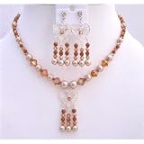 Brd685 Gorgeous Jewelry Powder Almond Pearls Set Necklace Sterling Silver Pendant & Earrings w/ Genuine Swarovski Copper Crystals & Goldstone Beads Necklace Set