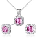 Celebrity Inspired 4.50 carats Cushion Checkerboard Cut Created Pink Sapphire Pendant Earrings Set in Sterling Silver