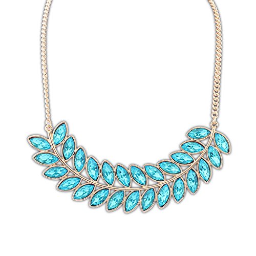 Womens Temperament Bohemia Style Salix Leaf Pendant Girls Full Of Romantic Statement Necklace Blue