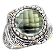 925 Silver & Green Amethyst Round Checkerboard Ring with 18k Gold Accents- Sizes 6-8