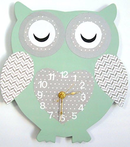 Nursery Wall Clock, Nursery Owl Clock, Hanging Owl Clock, Children's Room Wall Clock, Owl Wall Clock, Kid's Room Owl Wall Clock (grey/sage green)