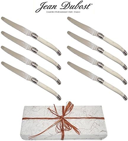 Authentic LAGUIOLE Dubost - Ivory - 8 ROUND TIP Table Dinner Knives - Presented In Free Gift-Box - Each Knife: 9"/23cm - Also Used As Butter Knife/Spreader (Serrated Wavy Edge - Original Genuine French Laguiole - Quality Family White Color Flatware/Cutlery Setting for 8 People - With Certificate of Authenticity - Direct From France)