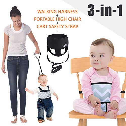 Umin 3-in-1 Portable/ Travel High Chair + Toddler Safety Walking Harness + Shopping Cart Safety Strap,Lightweight & Washable,Black