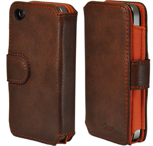 CrazyOnDigital Leather Flip Protector Case for Apple iPhone 4G - Folio Brown - Fits AT&T iPhone