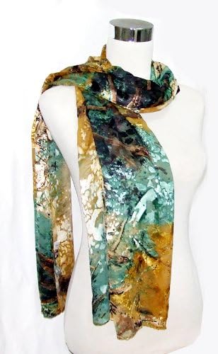 Chiffon/Satin Blend Dark Gold and Teal Abstract Print - 100% Silk Long Scarf 22" x 68"