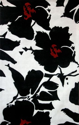 Modern Floral Area Rug 5x8 Black White Red Handmade Contemporary