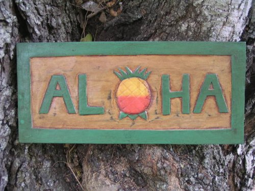 ALOHA PINEAPPLE TIKI SIGN 16 CARVED/PAINTED - HOME DECOR