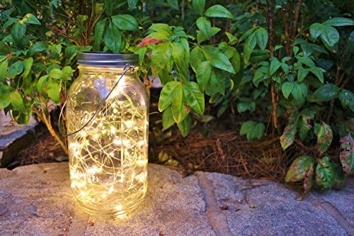 Discount Bundle of 5 Large Mason Jar Firefly Lanterns with Handles | Battery Operated White LED String Lights In Wide-mouth Bell Jar | Backyard Lighting | Party Decor | Rustic Decor | Country Decor