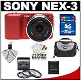 Sony Alpha NEX-3 Digital Camera Body & E 16mm f/2.8 Compact Interchangeable Lens (Red) with 16GB Card + Battery + Case + Accessory Kit
