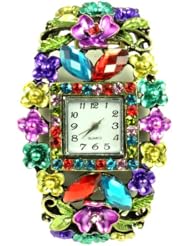 Kate Marie Gorgeous Rhinestone Women Bracelet Watch in Goldtone Plate Stunning Multicolor Floral Crystal Beads Design