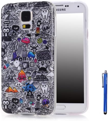 Vfunn Premium TPU Gel Scratch Resistant Slim Fit Funny Cartoon Case Cover for Samsung Galaxy S5 with 1 Screen Protector 1 Clean Cloth Cleaner 1 Blue Stylus Pen (Samsung Galaxy S5, Magic World)