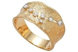 14K Yellow Gold Hand-Crafted Matte-Finish Designer Ring, Etched and Enhanced with White Gold Bezel Set Diamonds.
