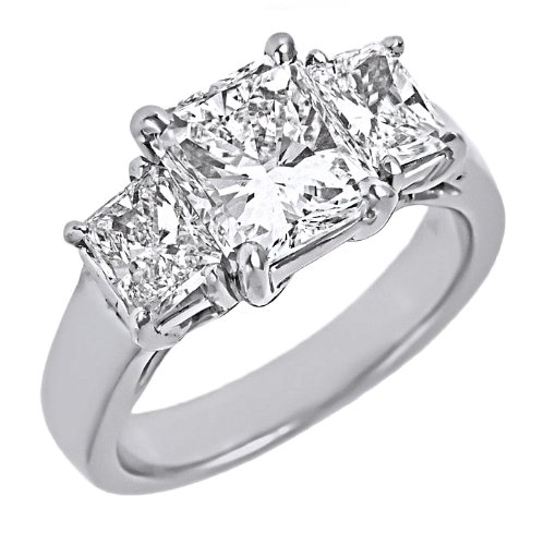 GIA Certified 18k White Gold Natural 3 Three Stone Princess Brilliant Cut Diamond Engagement Ring (2 1/3 Carats, VS-1 Clarity, F Color)
