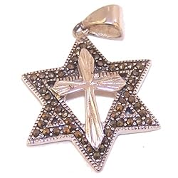 Marquise Star of David with a Cross Messianic pendant with Marcasite Border - Sterling silver (2.6 cm - 1") - Without Chain