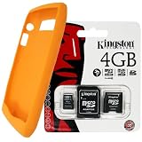Kingston 4GB MicroSD Card With SD and MiniSD Adapters and BlackBerry Orange Patterned Color Matte Finish Silicone Skin Case for BlackBerry Pearl 3G 9100