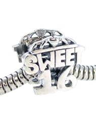 Queenberry Sterling Silver Teen Sweet 16 Sixteen Birthday Heart Love Bead For Pandora Troll Chamilia Biagi European Charm Bracelets