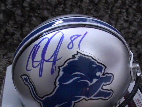 CALVIN JOHNSON AUTOGRAPHED SIGNED DETROIT LIONS MINI HELMET COA AND TAMPER PROOF HOLOGRAM