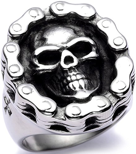 Men's Stainless Steel Big Skull Ring Bike High End Polished Silver Tone
