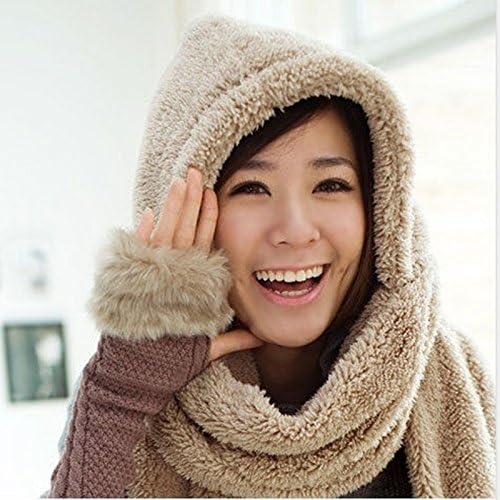 SSCUN Women Winter Warm Soft Plush Faux Fur Hooded Cap Hat Scarves Scarf Gloves Super Sale Cute Black