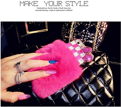 ACC5Star(TM) Extreme Deluxe Bling 3D Diamond Crystal Colorful Chain Bow Bowknot Soft Warm Fur Case Cover Skin for Apple iphone 5S 5 + High Quality Random Color Stylus + 10*15 Cm Green Soft Clean Cloth with Logo (RoseRed Rabbit Fur)