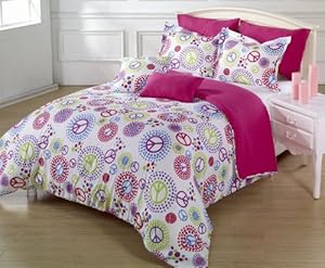 7 Pieces Multi-colored Peace Sign White Comforter Set Full / Queen Size Bedding
