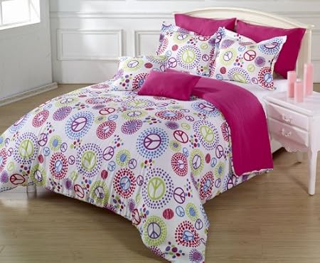  7 Pieces Multi-Colored Peace Sign White Comforter Set Full / Queen Size Bedding 