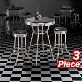 3pc Black Wood Bar Table and Commercial Restaurant Chrome Black Swivel Barstool Set by The Furniture Cove