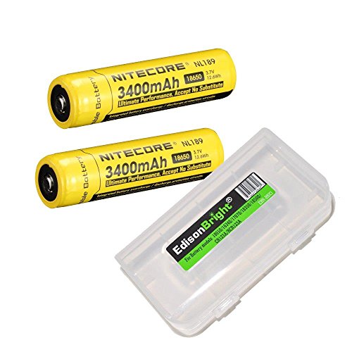 2 Pack NITECORE NL189 3400mAh Protected 18650 Rechargeable Li-ion Batteries with EdisonBright battery carry box- Designed for TM26 TM16 TM06 SRT7 SRT6 P25 EC25 TK75 PD35 PD32 TK22 M21X BT20 MH20 i4 and other High Drain Devices