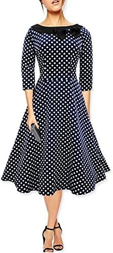 DLSVINTAGE Women Vintage Casual Polka Dot 1950'S Retro Party Dress (M, Navy Blue)