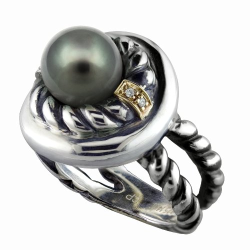 14K Yellow Gold and .925 Sterling Silver Tahitian Black Pearl and Diamond Ring TR-10060A-AM
