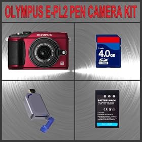 Olympus PEN E-PL2 Digital Camera (Red) W/14-42mm II Lens + Huge Accessories Package Including 4GB SDHC Memory Card + High Capacity BLS-5 Replacement Lithium-Ion Battery + Hi-Speed SD Card Reader + Kit
