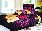 Full Queen Size Fitted Sheets 6 Piece Duvet Cover Bedding Set - Floral Print, Purple