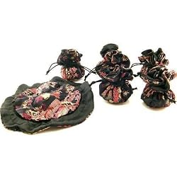 6 Black Chinese Jewelry Pouches Cinch Drawstring Gem Bags 8"